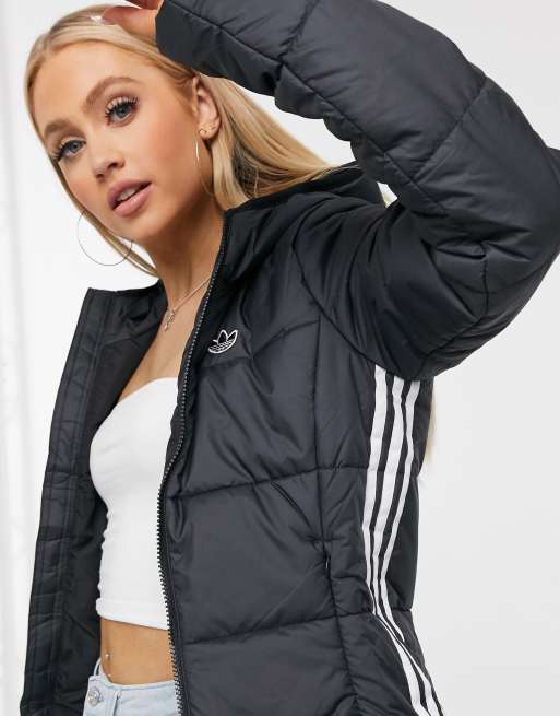 trog Uitdrukkelijk Omdat adidas Originals three stripe slim fit padded jacket in black | ASOS