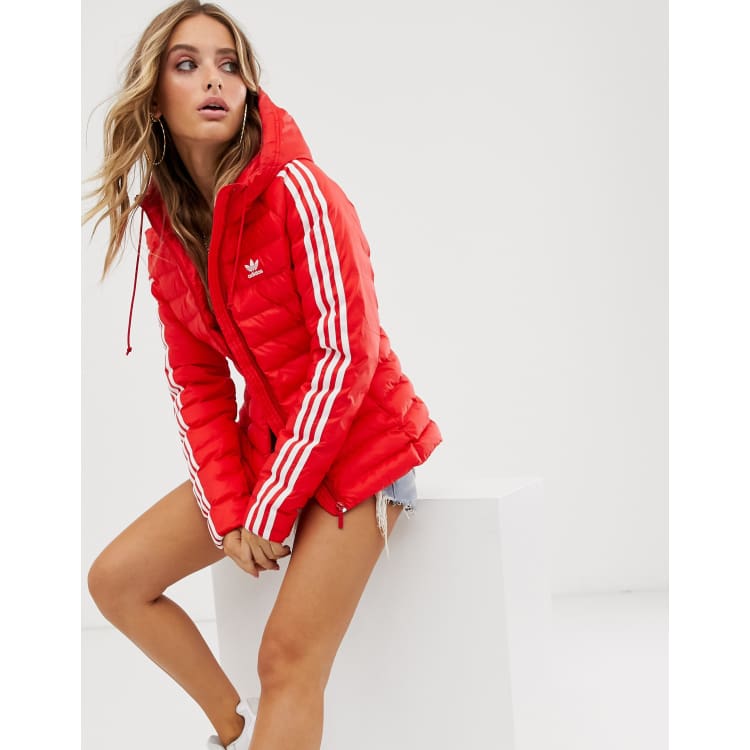 hond Weiland fossiel adidas Originals three stripe slim padded jacket in red | ASOS