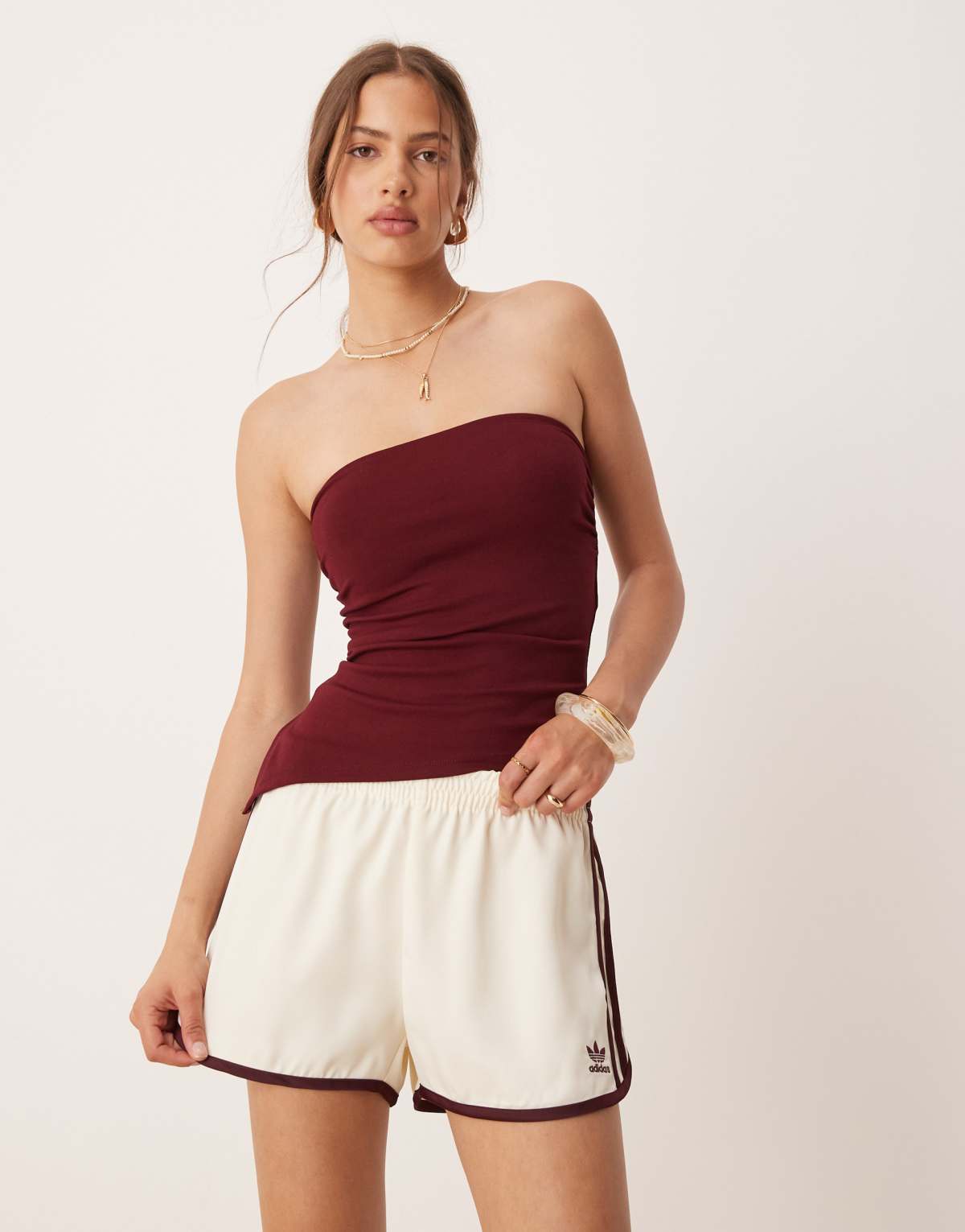 adidas Originals three stripe sprinter shorts in cream and burgundy