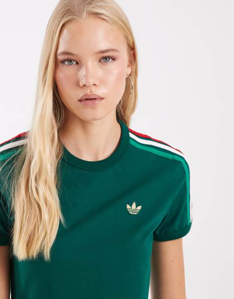 adidas Originals three stripe T-shirt in dark green - view 1