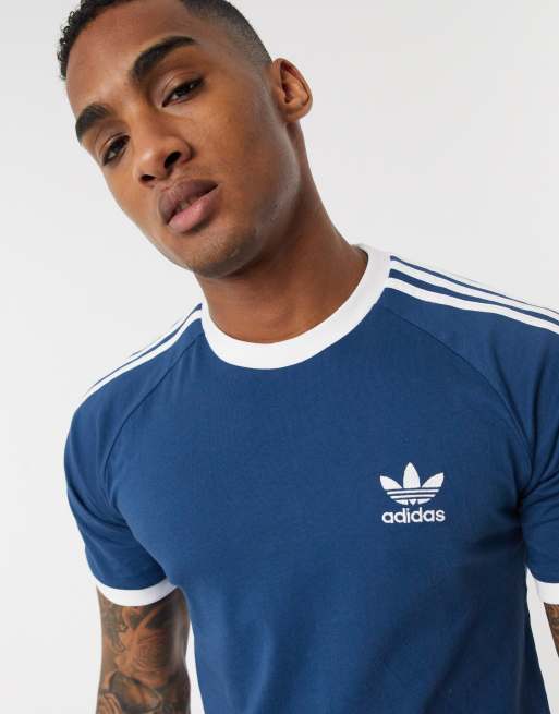 Adidas navy 3 stripe t sale shirt