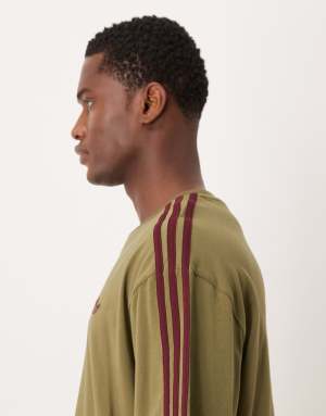 adidas Originals three stripe t-shirt in olive and maroon