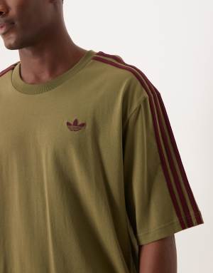adidas Originals three stripe t-shirt in olive and maroon