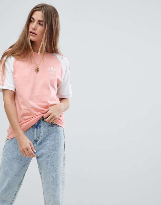 pink 3 stripe adidas shirt