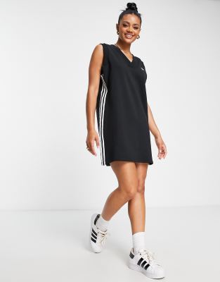 adidas Originals three stripe v neck t shirt dress in black