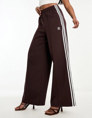 adidas Originals three stripe wide leg trousers in shadow brown