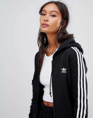 adidas originals three stripe zip thru hoodie in grey