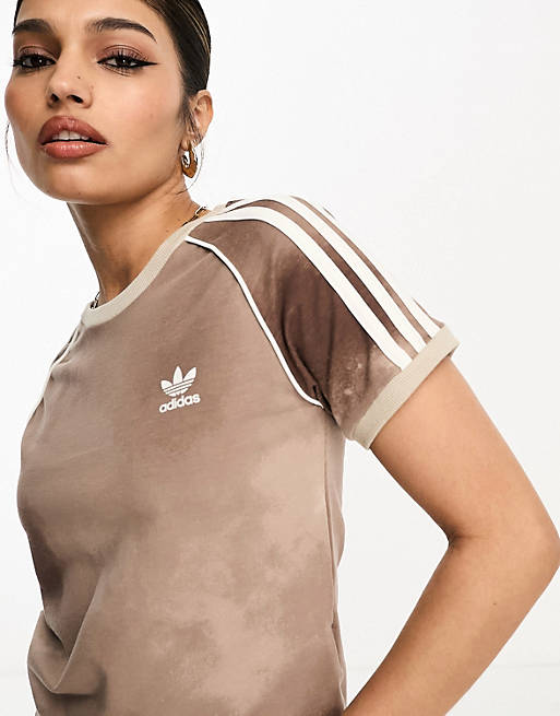 adidas Originals tight fit three stripe t-shirt in wonder beige | ASOS