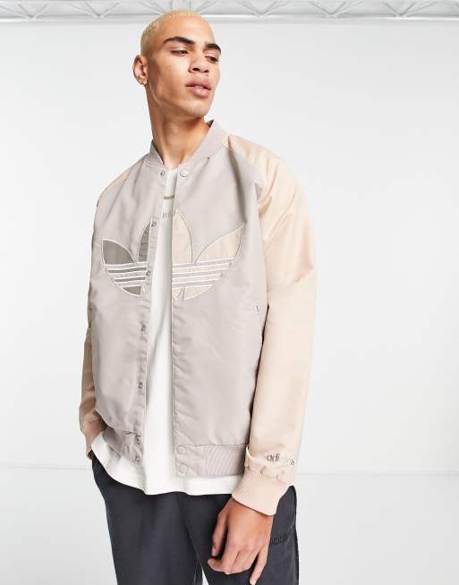 adidas Originals 'Tonal Textures' collegiate varsity jacket in grey with back | ASOS