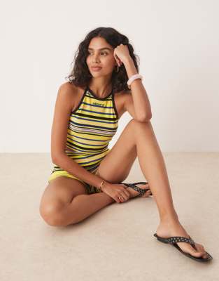 Top dos nu en tissu éponge rayé - Jaune L