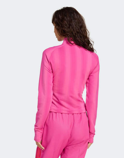 adidas Originals - Top imprimé à manches longues avec col zippé - Fuchsia semi lucide