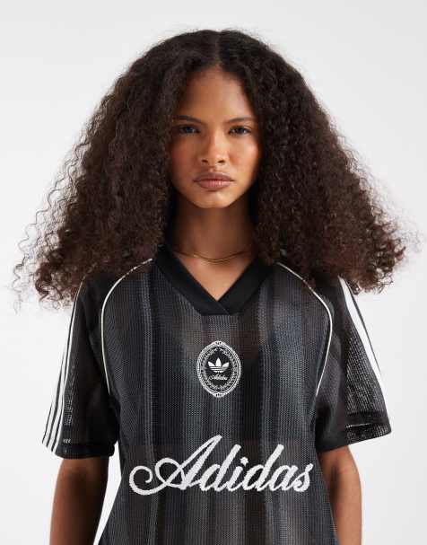 adidas Originals - Top negro a rayas estilo fútbol de croché - view 1