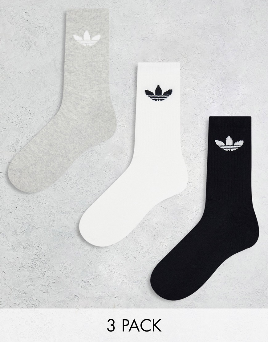 adidas Originals trefoil 3 pack socks in black/grey/white