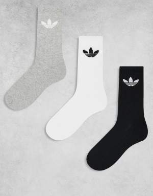 adidas Originals trefoil 3 pack socks in black/grey/white