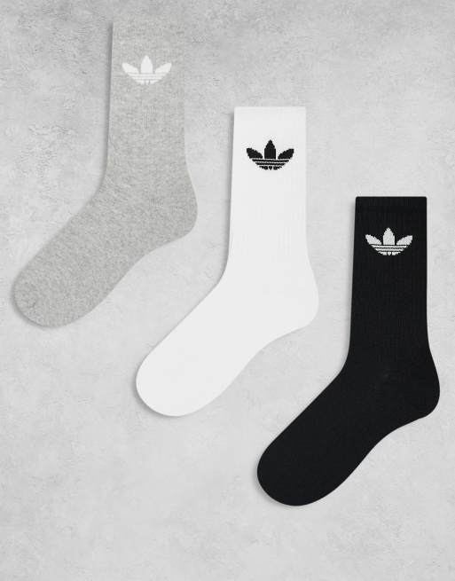  adidas Originals trefoil 3 pack socks in black/grey/white