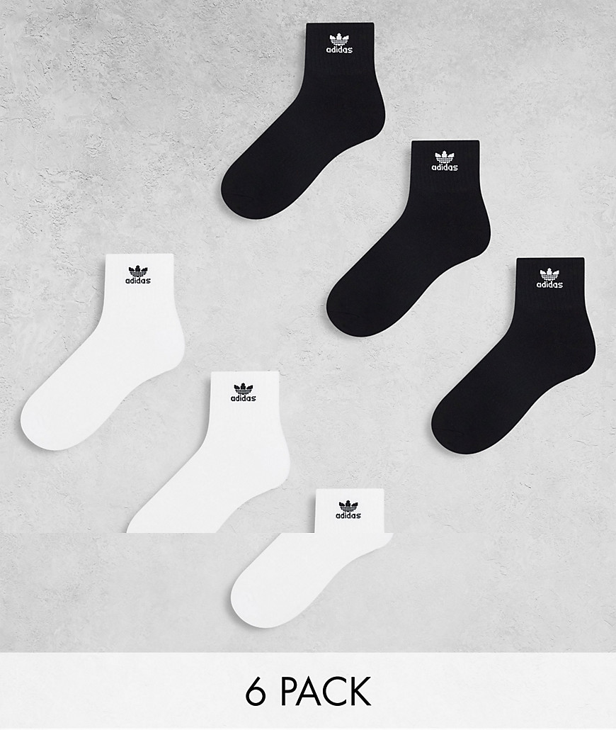 Adidas Originals Trefoil 6-pack Quarter Socks In Black And White