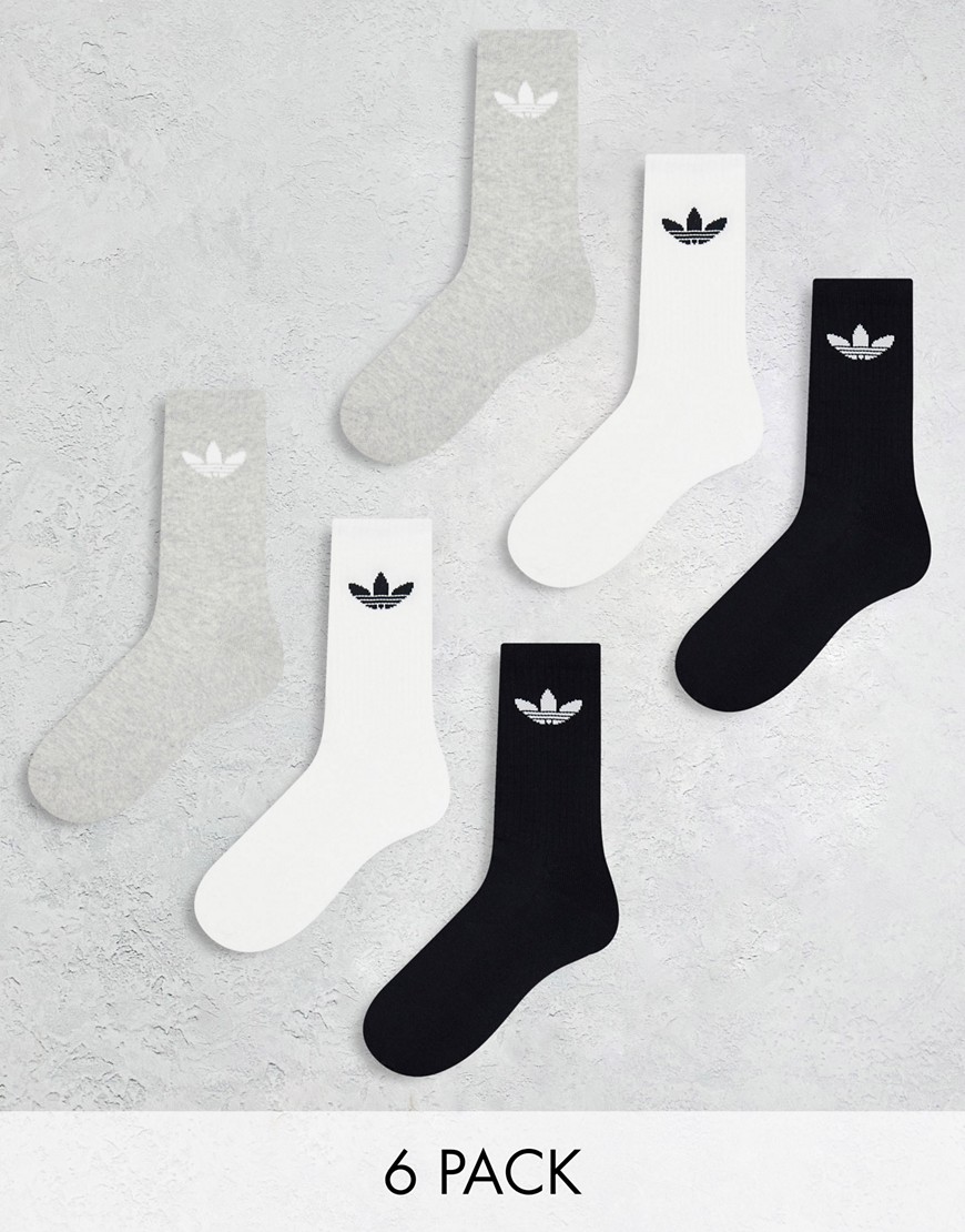 adidas Originals trefoil 6 pack socks in black/grey/white