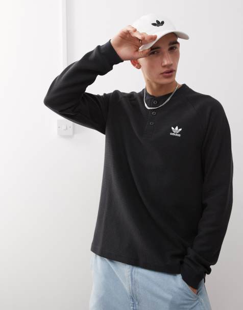 adidas Originals – Trefoil Essentials – Czarny T-shirt o waflowej fakturze z długim rękawem - view 1