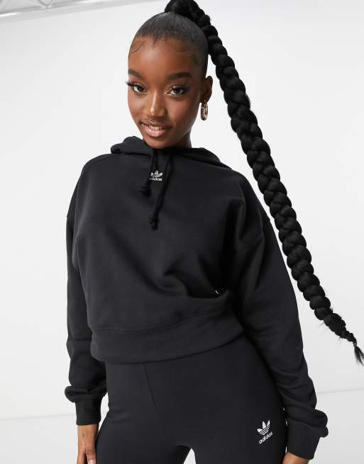 adidas Originals - Trefoil Essentials - Felpa con cappuccio corta nera con logo