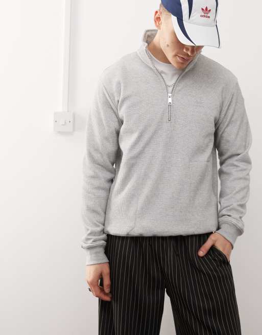 adidas Originals - Trefoil Essentials - Grå sweatshirt med vaffeltekstur og 1/4 lynlås