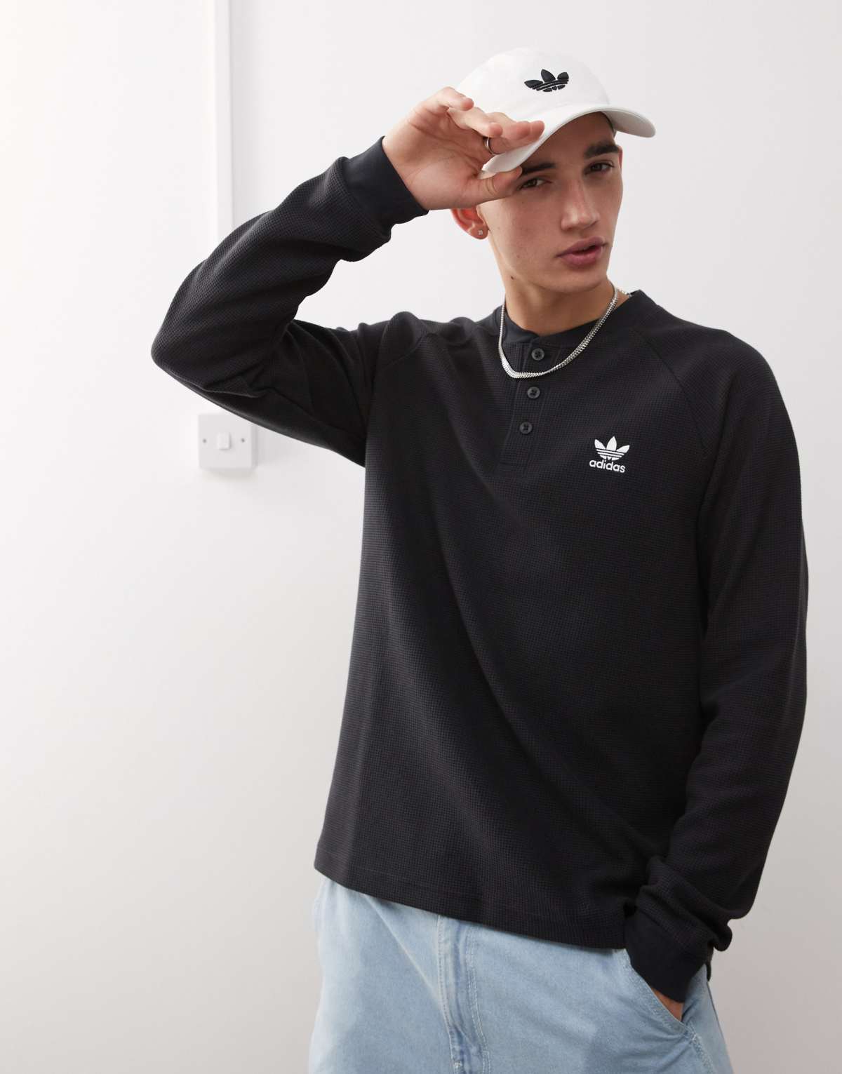 adidas Originals Trefoil essentials long sleeve waffle tee in black