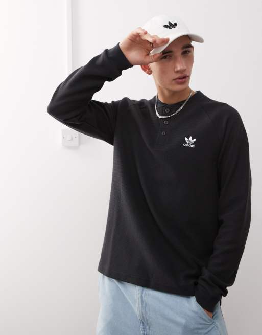 adidas Originals Trefoil essentials long sleeve waffle tee in black