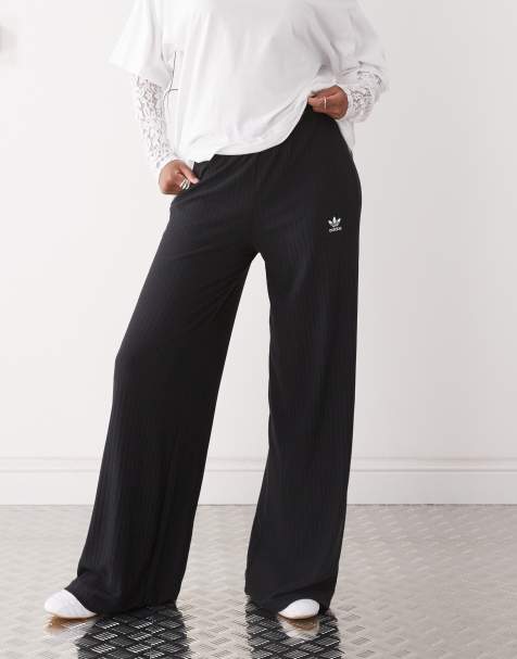 adidas Originals Trefoil Essentials wide leg trousers in black rib