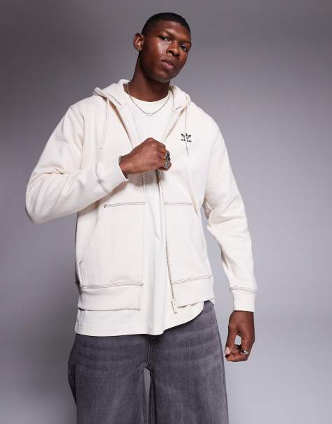 adidas Originals Trefoil Essentials zip through hoodie in cream with contrast stitch detail - view 1