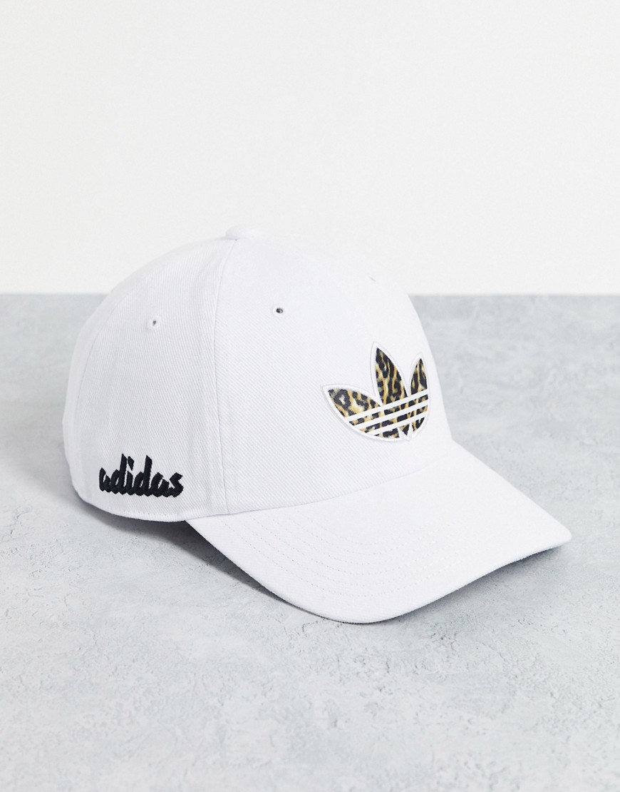 adidas Originals trefoil infill leopard print relaxed cap in white