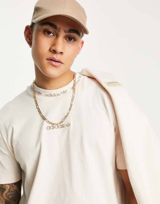 adidas Originals - 'Trefoil Linear' - Geribbeld T-shirt in beige met zwarte print
