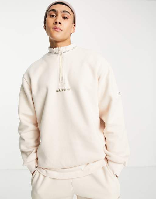 adidas Originals – Trefoil Linear – Premium – Beige sweatshirt med märke på ärmen och kort dragkedja vid halsen