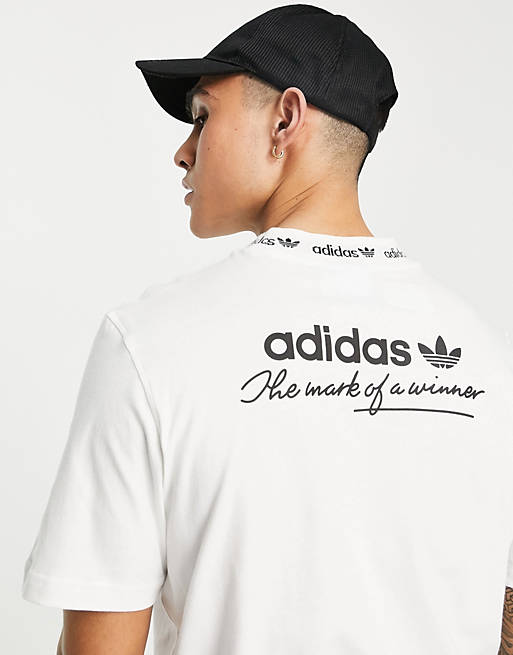 زينة adidas Originals 'Trefoil Linear' ribbed t-shirt in white with back print زينة