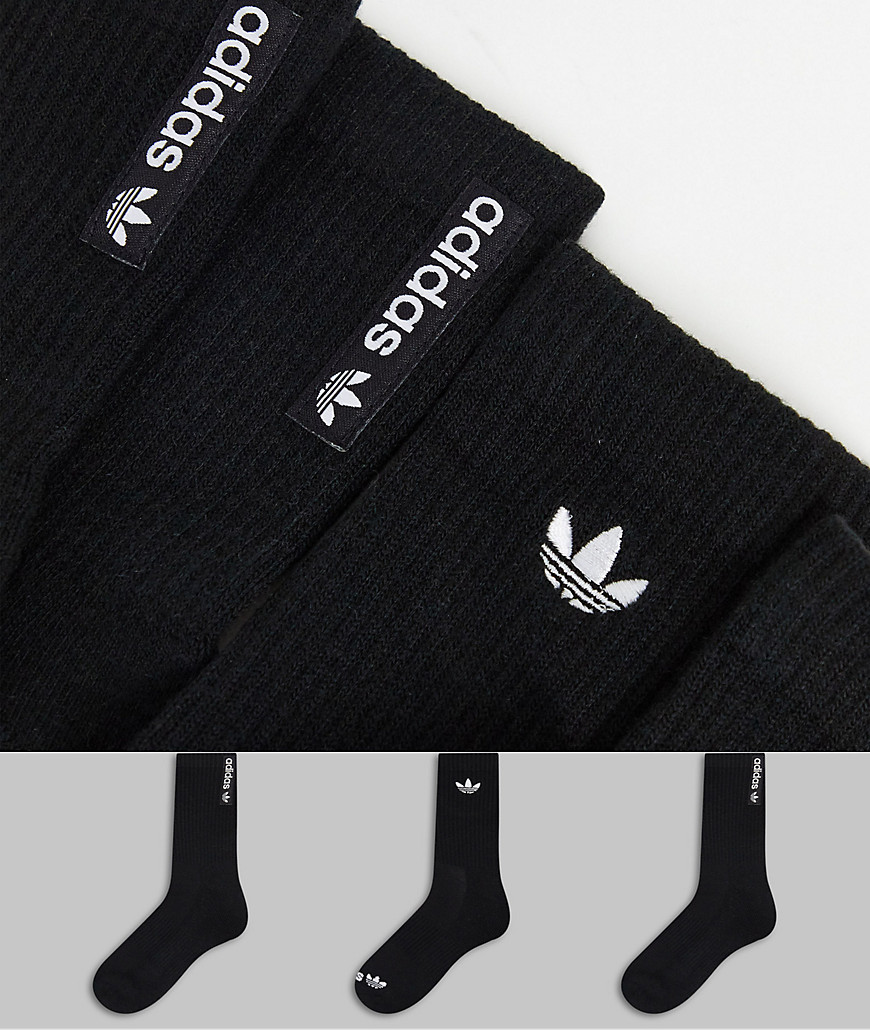 adidas Originals trefoil logo 3pk mid crew socks in black
