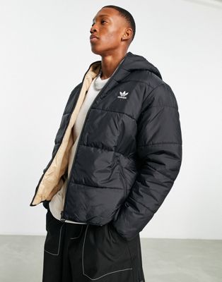 adidas Originals trefoil logo reversible puffer jacket in black and sand