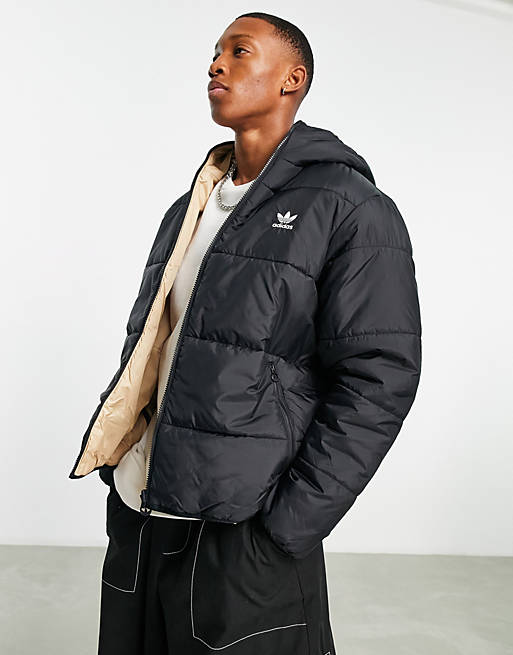 adidas Originals trefoil logo reversible puffer jacket in black and ...