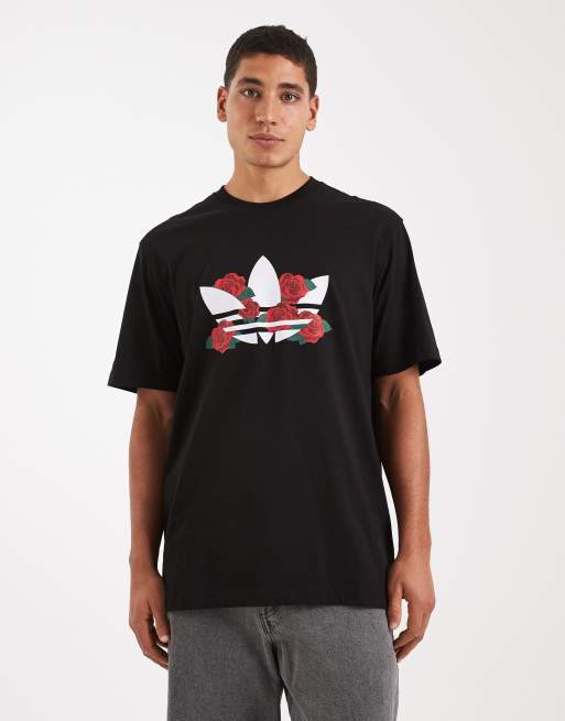 adidas Originals - Trefoil Series - T-shirt nera con logo a trifoglio con rose