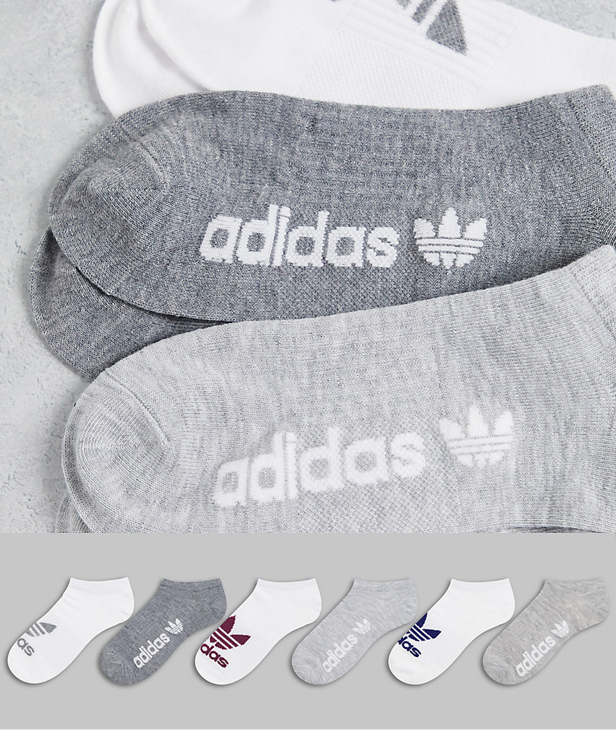 adidas Originals trefoil superlite no-show 6pk socks in white and gray