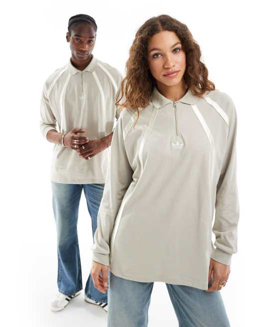 adidas Originals - Uniseks basketbal rugbypolo in stopverf grijs en gebroken wit