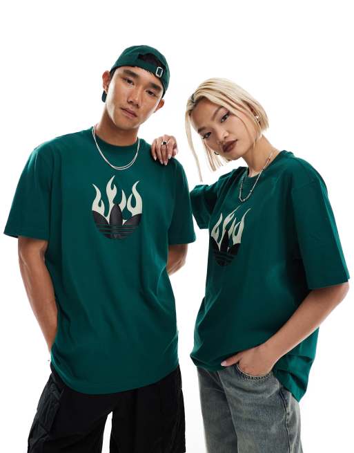 adidas Originals - Uniseks T-shirt met trefoil-logo met vlammen in groen
