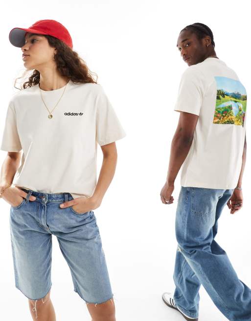 adidas Originals - Uniseks T-shirt met zonsopgangsprint op de rug in gebroken wit