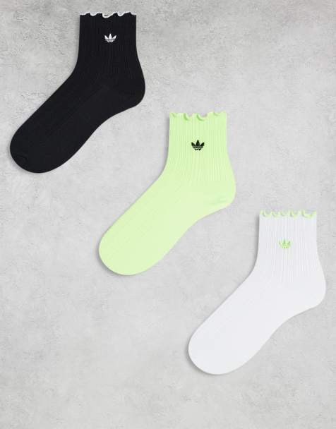 adidas Originals Unisex 3-pack ruffle quarter socks in white, black and green - view 1