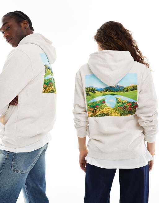 adidas Originals Unisex – Bluza z kapturem w kolorze złamanej bieli z nadrukiem z zachodem słońca na plecach