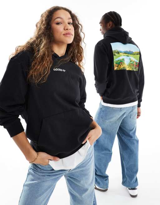 adidas Originals – Unisex-Kapuzenpullover in Schwarz mit Sonnenuntergangs-Print auf dem Rücken