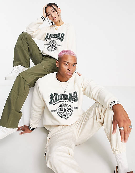 adidas Originals Unisex Preppy Varsity large logo sweatshirt in off-white |  ASOS