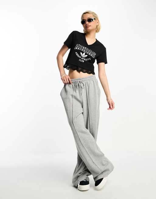 adidas Originals varsity crop t-shirt in black with lace trim | ASOS