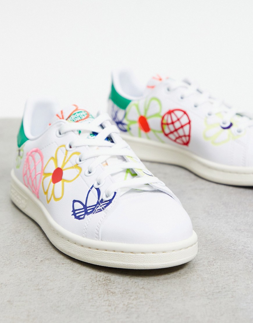 Adidas Originals Vegan Stan Smiths in white with all over graphic print
