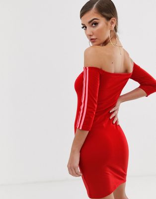 adidas Originals - Vestito rosso con scollo alla Bardot e tre strisce | ASOS