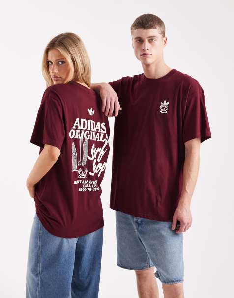 adidas Originals – Vinröd t-shirt med 'surf shop'-tryck - view 1