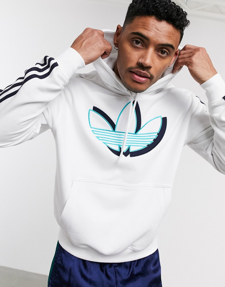 Adidas Originals – Vit huvtröja med 3 ränder och skuggad treklöverlogga