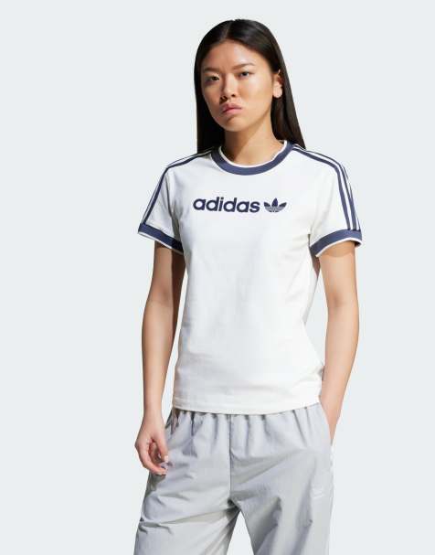 adidas Originals – Vit t-shirt med 3 ränder och linjär logga - view 1